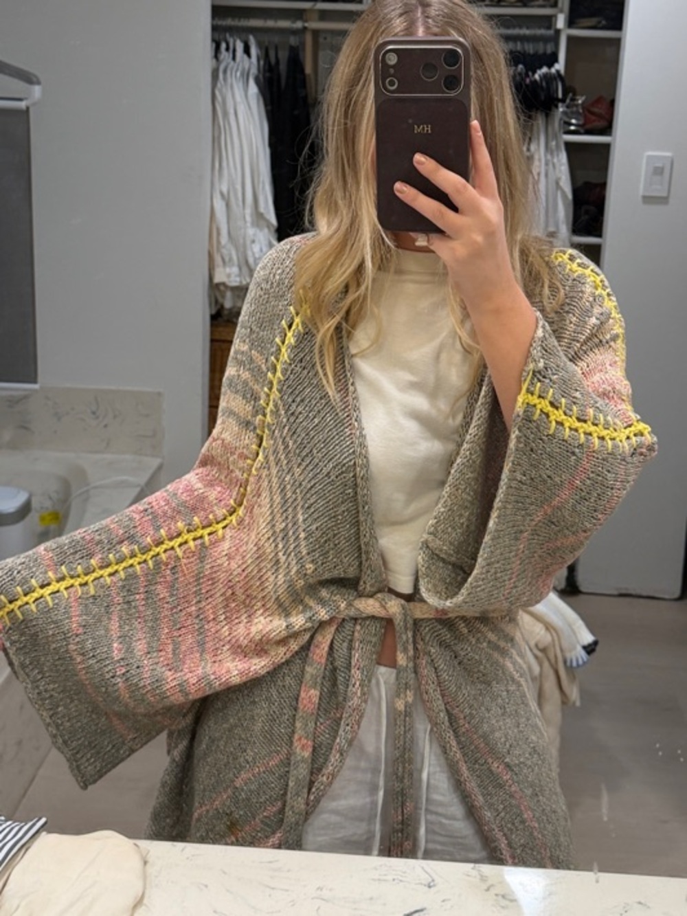 Free People Gray Multicolor Knit Robe with Yellow Contrast Stitch